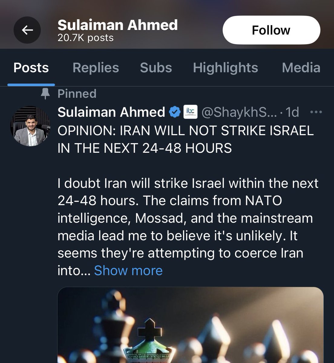 Israel hating “journalist” still has pinned post with his opinion that Iran will not strike Israel Celebrates Israeli civilians panicking