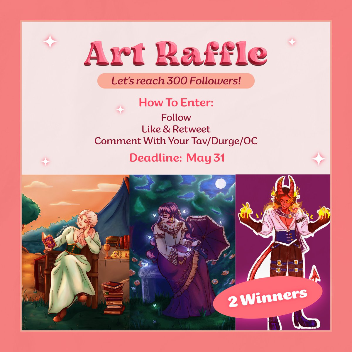 LET'S GO REACH 300 FOLLOWERS!!! Hosting an art raffle for the very first time 🥹 Winners can get a simple full-body illustration from me (with opt BG). To participate: 🌹Follow me 🌹Like + RT 🌹Comment your Tav/OC that you want drawn #artraffle #bg3 #giveaway #artmoots