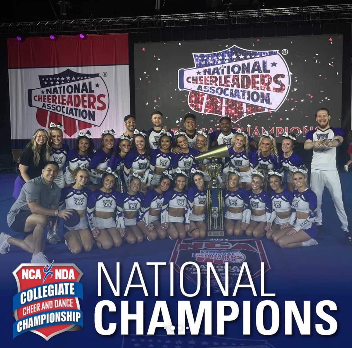 What a day for Weber State Cheer! TWO GRAND NATIONAL CHAMPIONSHIPS! 🏆🏆 Won the National title in the Large and Small Coed Divisions! And had the highest score of any school in any division in both competitions to win the Grand National title! Great, Great, Great! 👏👏