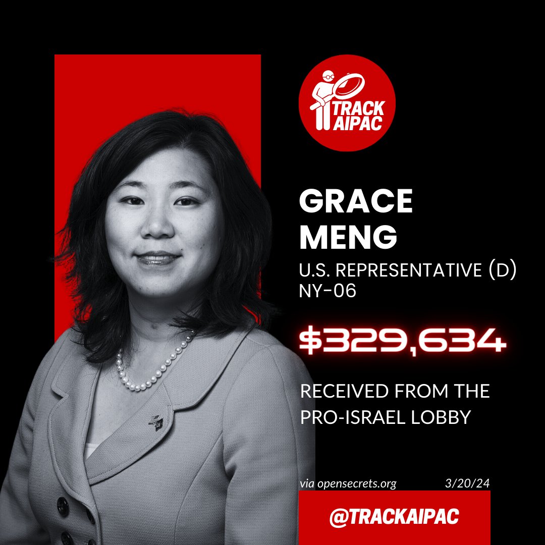 @RepGraceMeng Grace Meng has received >$329,000 from the Israel lobby. AIPAC is her top contributor. She speaks on behalf of a foreign entity. #RejectAIPAC