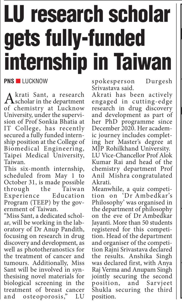 Akrati Sant, a research scholar at the dept of chemistry @lkouniv received 6 month research internship at the College of Biomedical Engineering, Taipei Medical University, Taiwan through the Taiwan Experience Education Program of the Govt of Taiwan !
#LU_OurStudents_OurPride