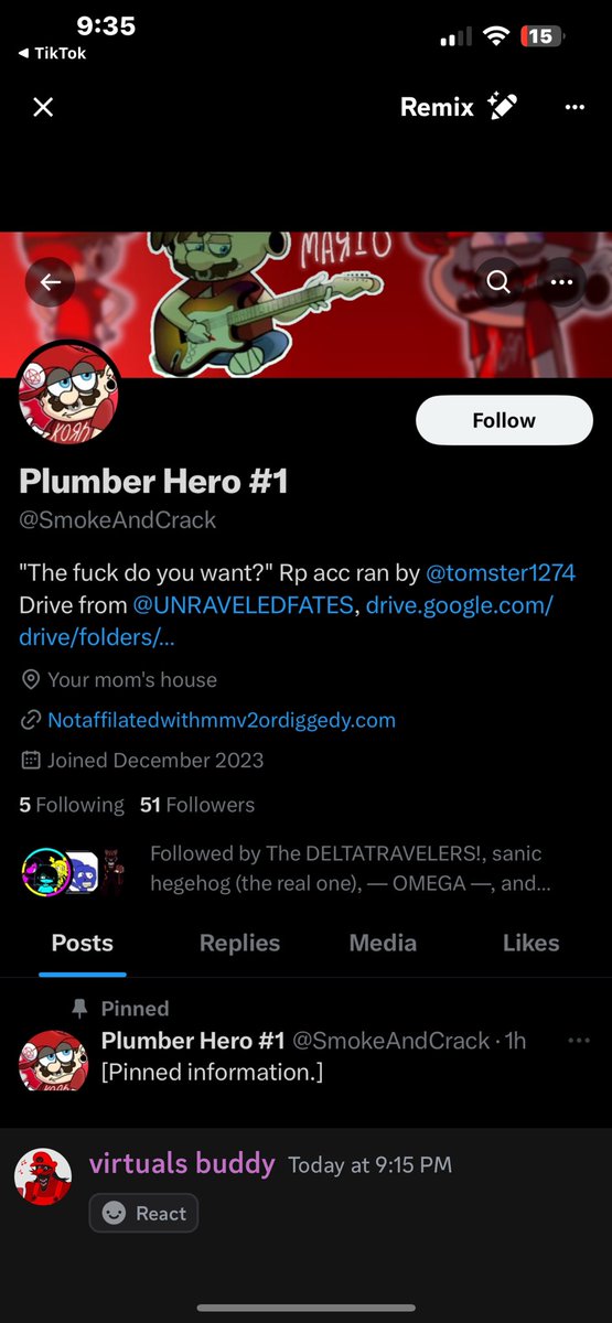 MAGMTCMNSTRSTY's tweet photo. [ Found out from a Mr Virtual x Dictator Mario post because they knew it was an abusive relationship! Also the @ in the bio! :o3 ] https://t.co/2fL8uhWlH4