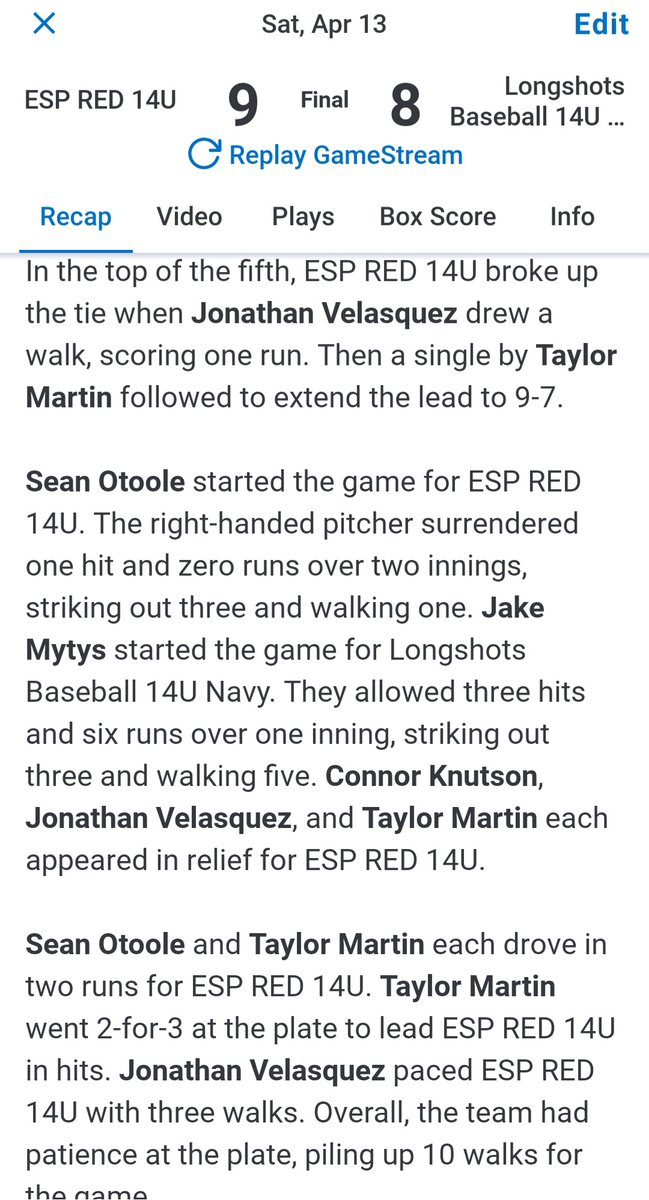 ESPred2028's tweet photo. ESP Red 9
Longshots Navy 8

Game one of a double header today! Beautiful day for baseball. Sean was the starter, gave up one hit and zero runs over 2 innings with 3Ks.

Sean, Taylor and Jonathan solid at the plate.
#ESPTrained #ESPRed2028 https://t.co/NDWBO4I0yz
