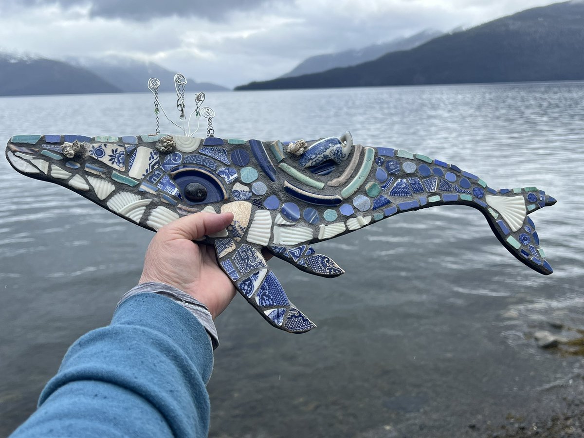 🐋 Made a mosaic humpback whale from our island’s beach trash— collected from our old garbage dump beach. This is my first traditional mosaic using grout. #wrangell #Alaska #mosaicart #recycled
