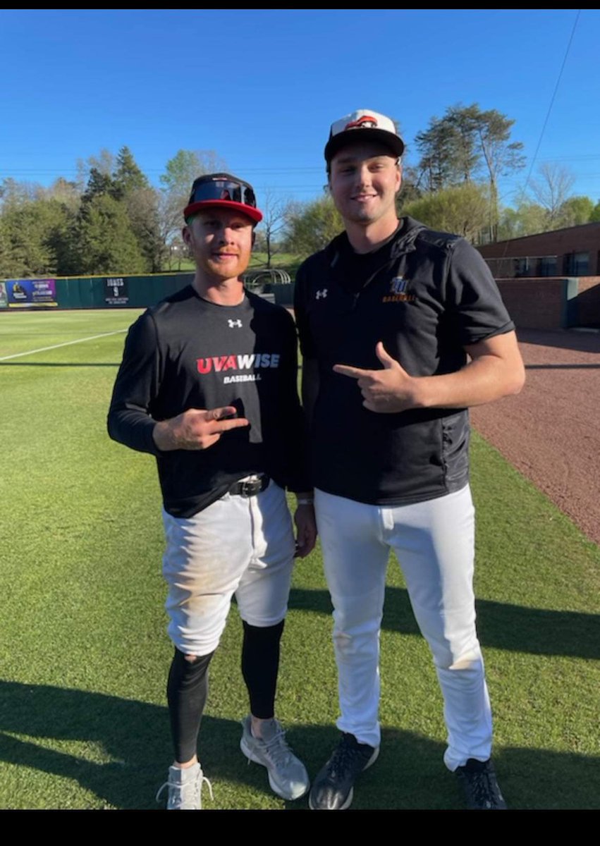 CoachDudley13's tweet photo. Just received this pic of two former @waketechbsb standouts competing against each other. 

@nickbadgett3 and @lukeabsher7 are two of my all-time favorite E.A.G.L.E.S.! Two perfect examples of what you can accomplish with 2 years of juco baseball.

#WakeEmUp #JucoRoute https://t.co/wIBcwImxLG