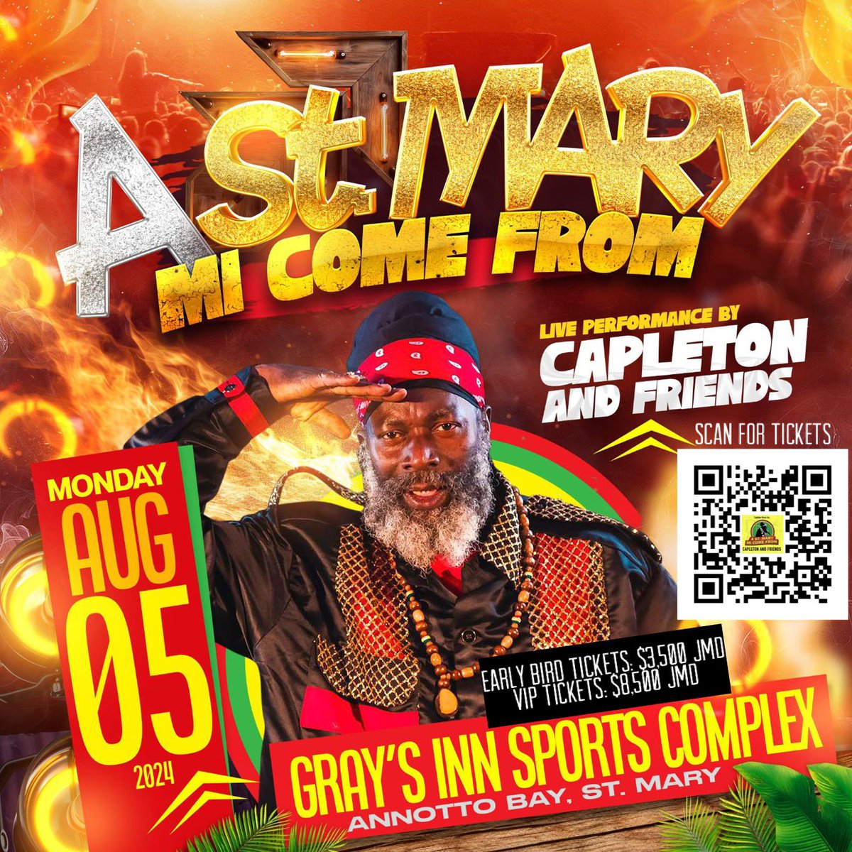 Today is Capleton’s Birthday & to celebrate, you can buy Earlybird 🎟️Tickets for his annual charity show @astmarymicomefrom 👉🏾 touchstonelink.com/event/st-mary-… 🎟️Early bird Ticket: $3,500 JMD🇯🇲 🎟️VIP Ticket: $8,500 JMD🇯🇲 August 5, 2024 @GraysInnSportsComplex AnnottoBay St Mary Jamaica