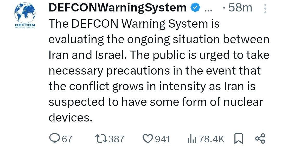 The 'DEFCON Warning System' account has no inside knowledge or link to any government agency. This is scaremongering, nothing else. You aren't going to get nuked by Iran tonight.