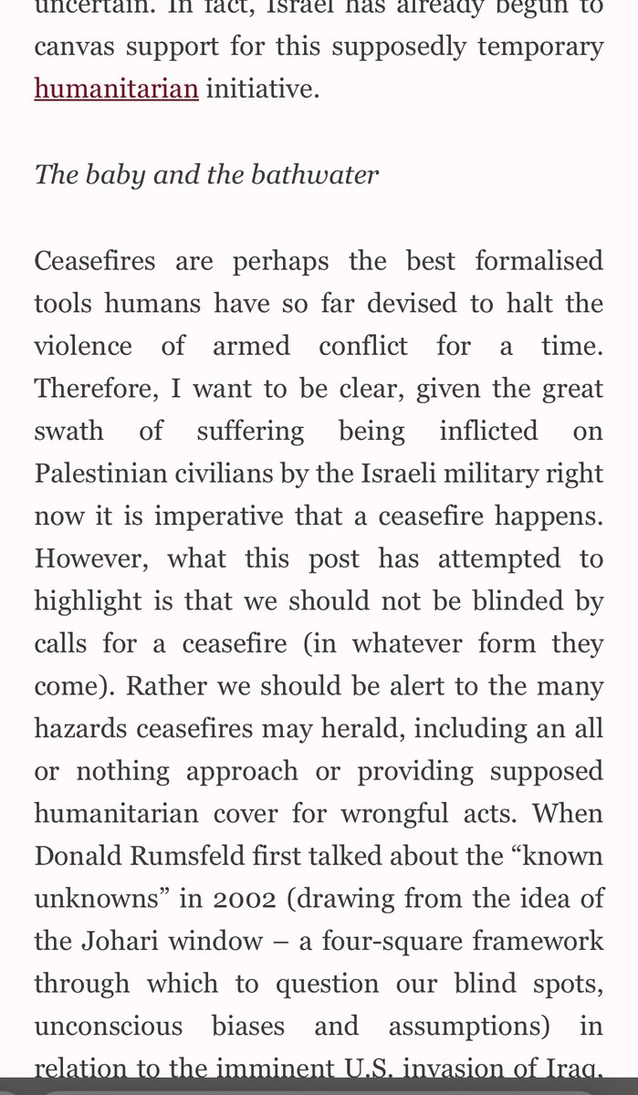Reupping this post for @armedgroupsintl I wrote nearly 6 months ago which remains equally relevant to thinking about ceasefires today. The TLDR version: ceasefires may be a least worst option but they are not the panacea many hope for. armedgroups-internationallaw.org/2023/11/09/kno…