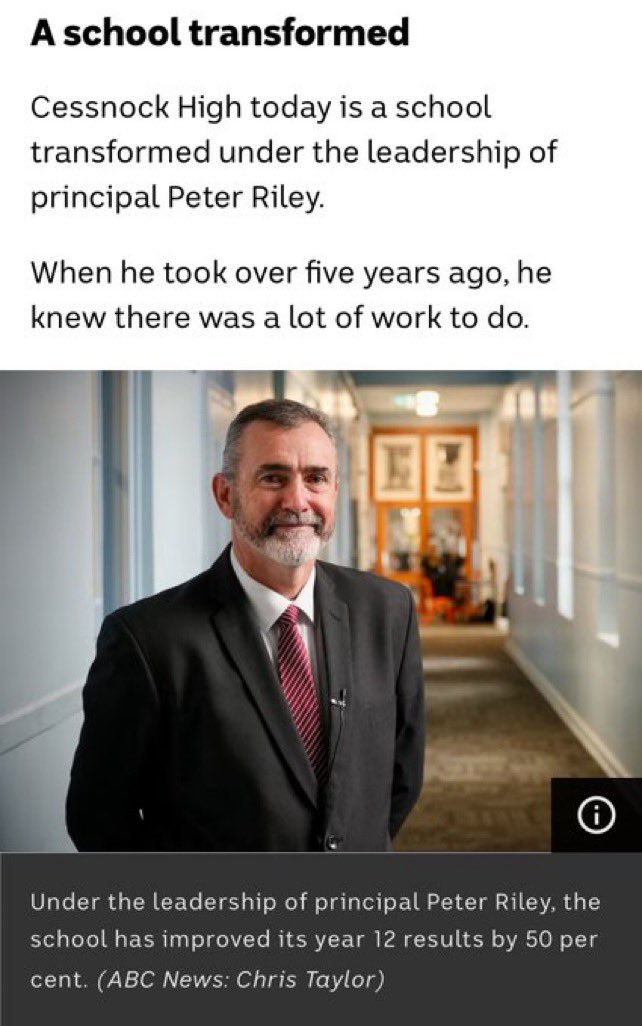 Cessnock HS is a school transformed under the leadership of principal Peter Riley. Cessnock HS now has some of the most improved NAPLAN scores in the country &amp; its year 12 results have improved by 50%.Top work all involved. <a href="/abcnews/">ABC News</a> abc.net.au/news/2024-04-1…