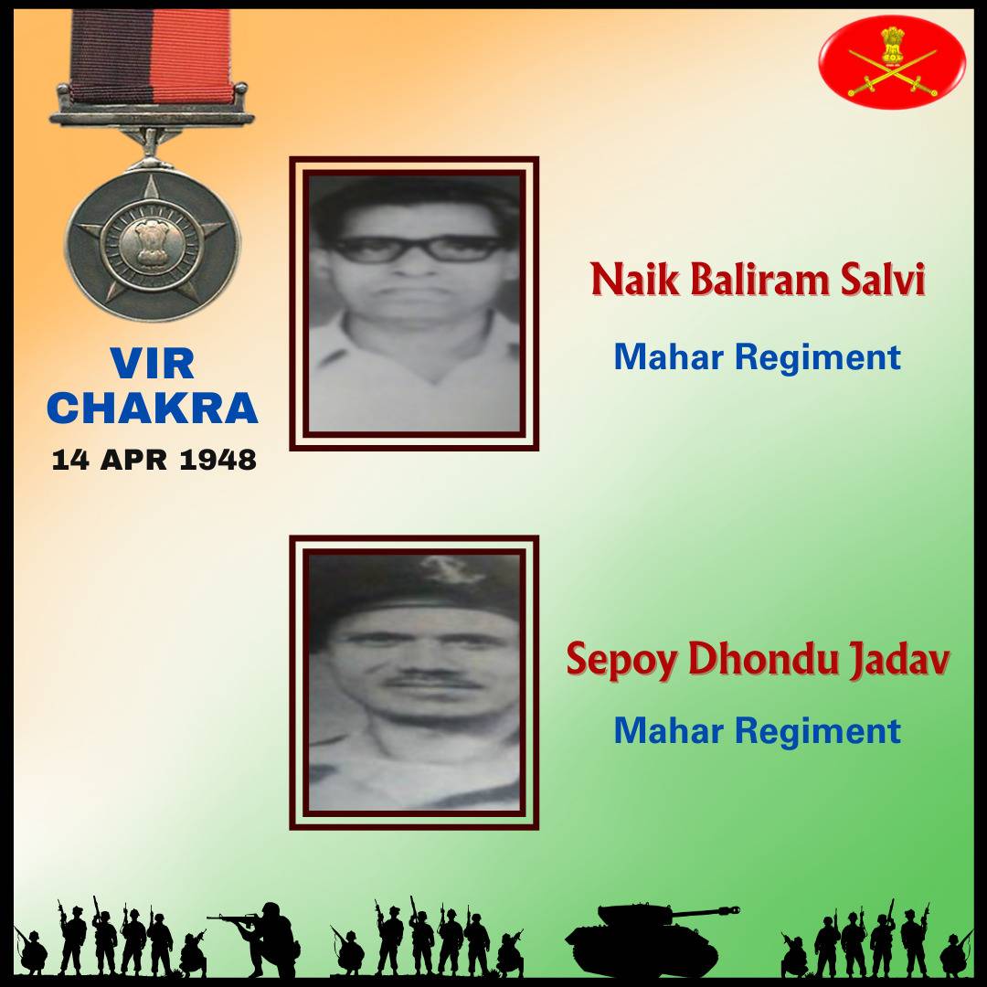 14 Apr 1948 Jammu and Kashmir Naik Baliram Salvi and Sepoy Dhondu Jadav displayed indomitable courage & valour in the face of the enemy. Awarded #VirChakra. gallantryawards.gov.in/awardee/1401 gallantryawards.gov.in/awardee/1496