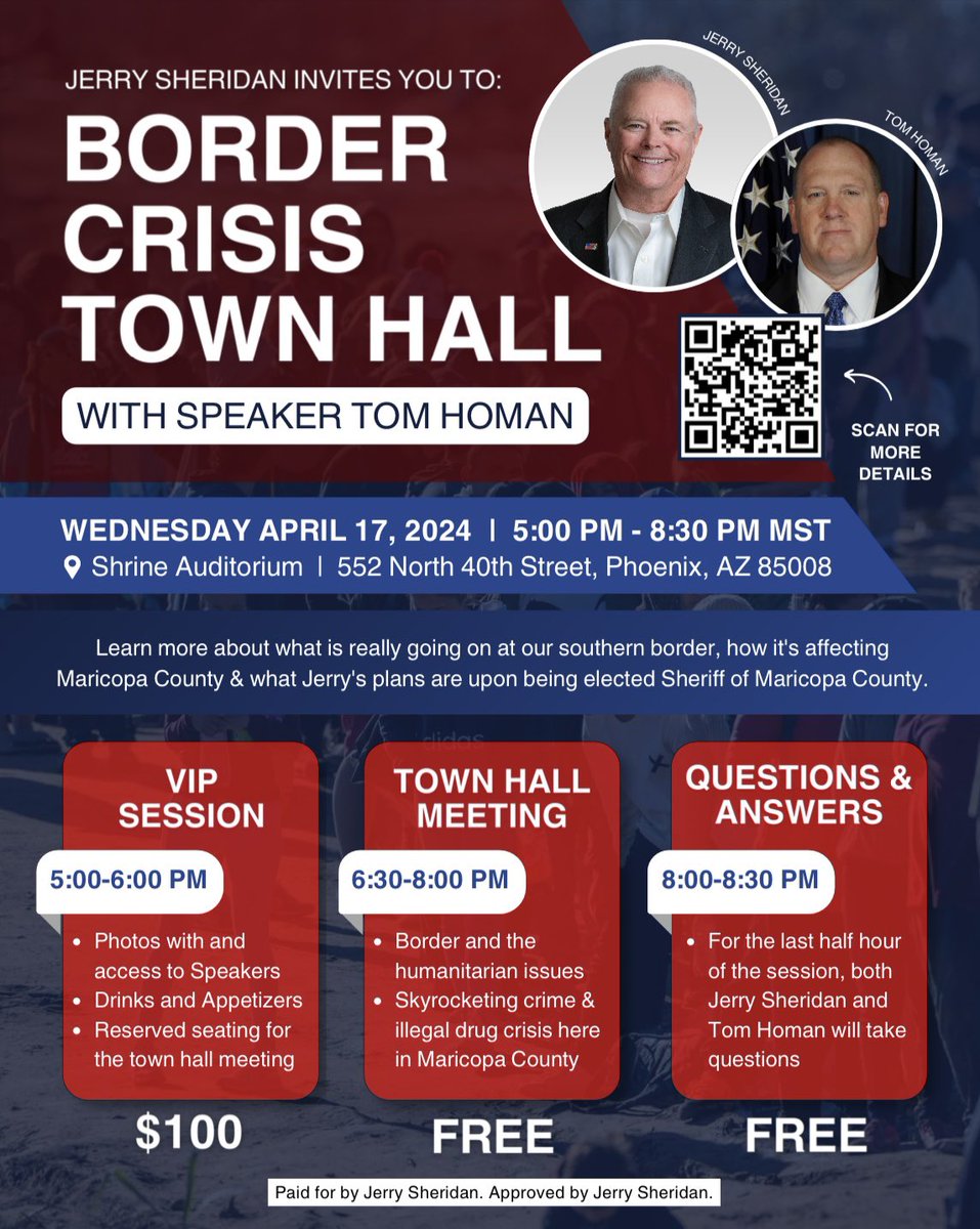 🚨FREE EVENT🚨 Former ICE Director @RealTomHoman and @JerrySheridan24 will be hosting a town hall on the border crisis facing Arizona. You do NOT want to miss out on this event, secure your tickets before it’s to late!! eventbrite.com/e/border-crisi…