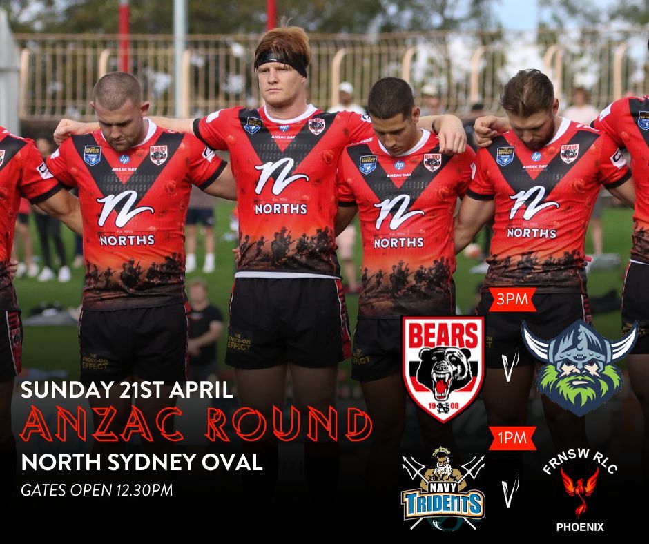 1 week until our ANZAC Round at Bear Park 🔴⚫ 🏟️ 12.30pm Gates open 💥 1pm Navy Tridents v NSW Firies 🎖️ 2.55pm ANZAC Service 🐻 3pm Bears v Raiders 🎟️ Adult entry before 1.30pm only $5 (at the gate). After 1.30pm Adults $15, Kids U16 FREE Tix: buff.ly/4cNuyid