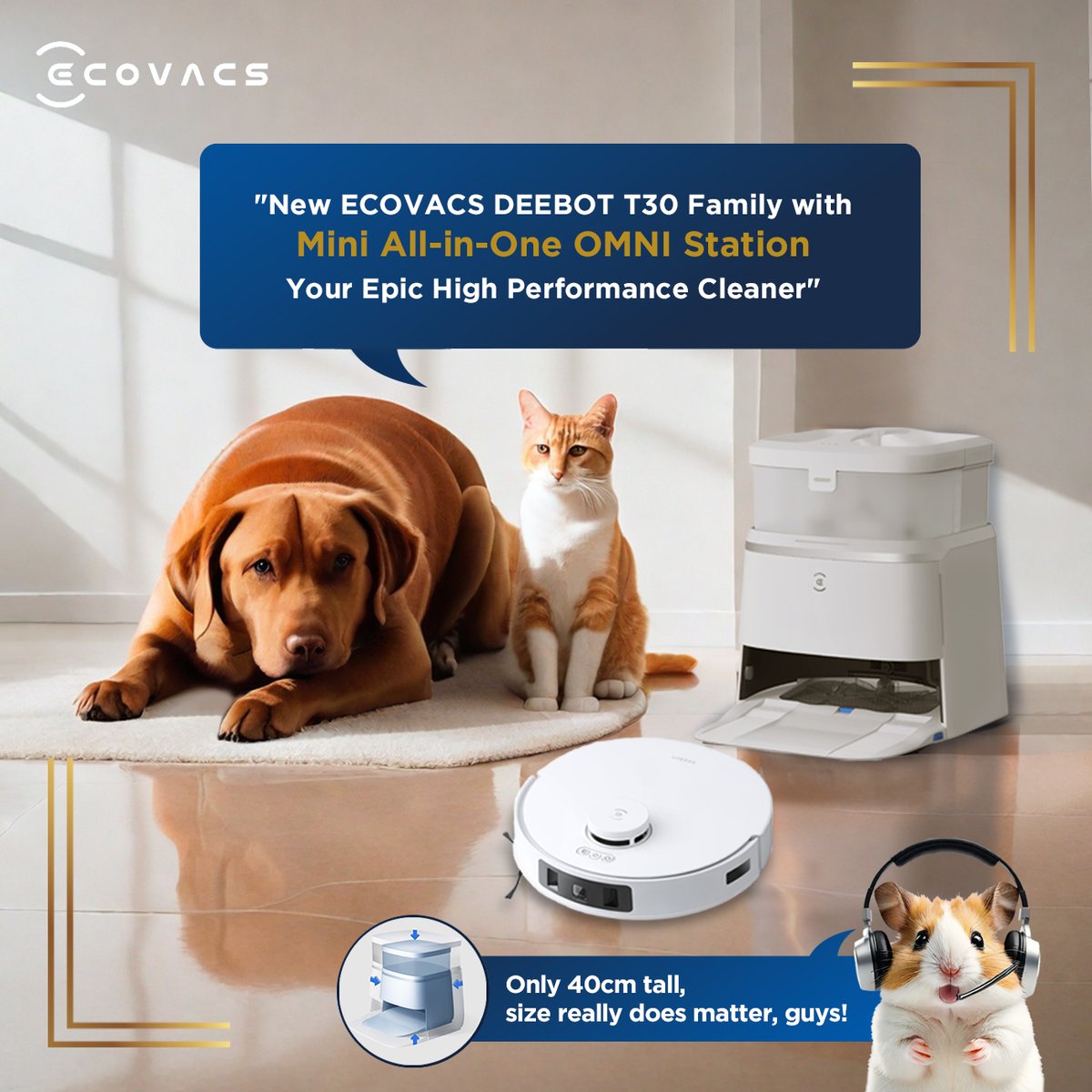 Give pets a peaceful home 🐾. DEEBOT T30's quiet OMNI Station fits anywhere—less noise, more cuddles, smarter clean. #DEEBOTT30 #TruEdge #ZeroTangle #PetsofECOVACS #PawsomeDEEBOT