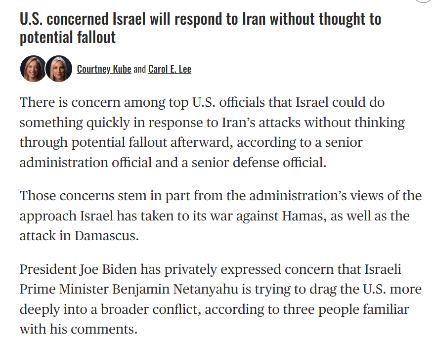 🚨NBC News: There is concern among US officials that Israel could do something quickly without thinking through the fallout. Biden is concerned Netanyahu 'is trying to drag the U.S. more deeply into a broader conflict' nbcnews.com/news/world/liv…