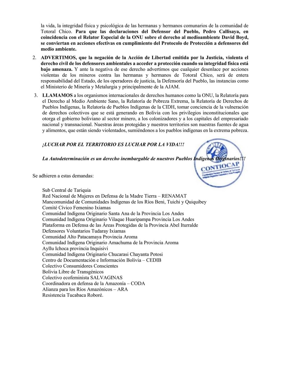 La Asociación de Pueblos Indígena Originario Campesinos QHANA PUKARA KURMI y la Coordinadora Nacional de Defensa de Territorios Indígenas Originarios Campesinos y Áreas Protegidas de #Bolivia (CONTIOCAP), emitimos la presente denuncia:
<a href="/noticiasfides/">Agencia de Noticias Fides</a> <a href="/ErbolDigital/">ERBOL</a> <a href="/LosTiemposBol/">Los Tiempos</a>