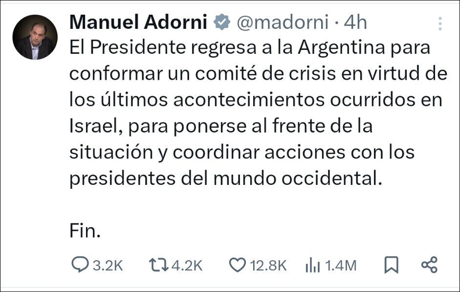 baireznews's tweet photo. El vocero presidencial, Manuel Adorni, anunció que Javier Milei, tuvo que regresar de Dinamarca: "El Presidente regresa a la Argentina para conformar un comité de crisis en virtud de los últimos acontecimientos ocurridos en Israel" https://t.co/gDpKXz6El1