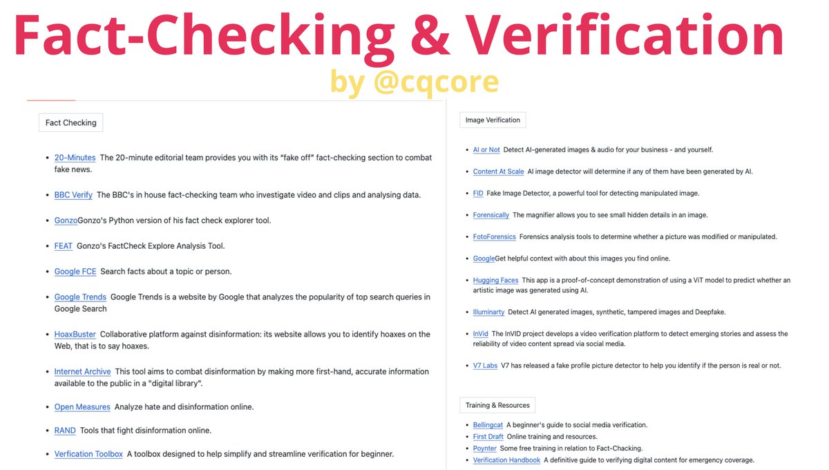 Fact-Checking & Verification - Fact Checking tools - Image Verification tools - Training & Resources github.com/cqcore/Fact-Ch… Contributor @cqcore