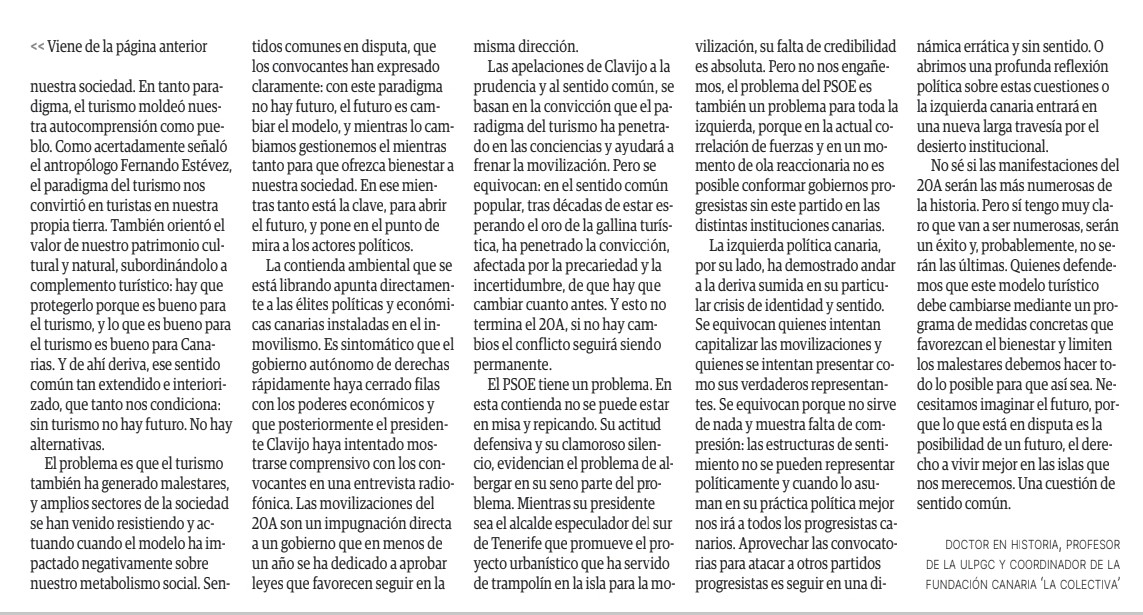 Es incoherente que @FClavijoBatlle diga comprender a los que nos manifestaremos el 20A, mientras su gobierno @PresiCan @VicepresiCan lleva todo el año legislando en sentido contrario y favoreciendo a los grandes hoteleros y constructores.

#CanariasTieneUnLimite @MDominguez_pp