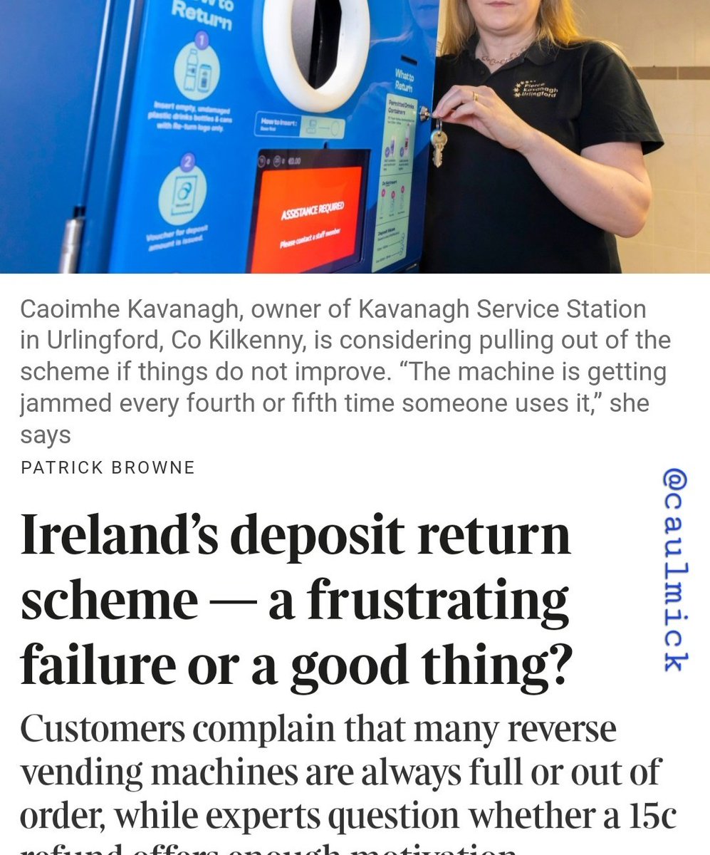 Cracks emerge in bottle deposit return scheme - Julieanne Corr

It has been in operation for just 11 weeks, but there is growing frustration over Ireland’s deposit return scheme (DRS).

“The machines seem to be constantly full, out of order or not printing receipts,”…