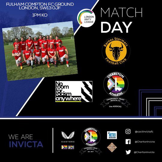 MATCHDAY

The early kick off comes from SW13 0JF.

🆚 Barnes Stormers FC
🏆 @LondonUnityLg - Division 2
🏟️ Fulham Compton FC Ground SW13
⏰ 1pm KO
❎ #NoRoomForRacismAnywhere
🎟️ Spectators Welcome
#️⃣ #WeAreInvicta #BetterNeverStops