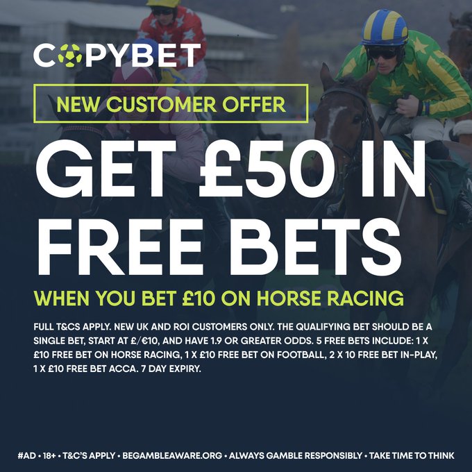 COPYBET FREE BET OFFER 🟢

- Join 
- Bet £10 on Horse Racing
- Get a HUGE £50 in FREE BETS 🤩

HERE:
👉 twebet.link/CopyBetB10G50

#AD | 18+ | New Customer Offer | BeGambleAware | T&C's Apply