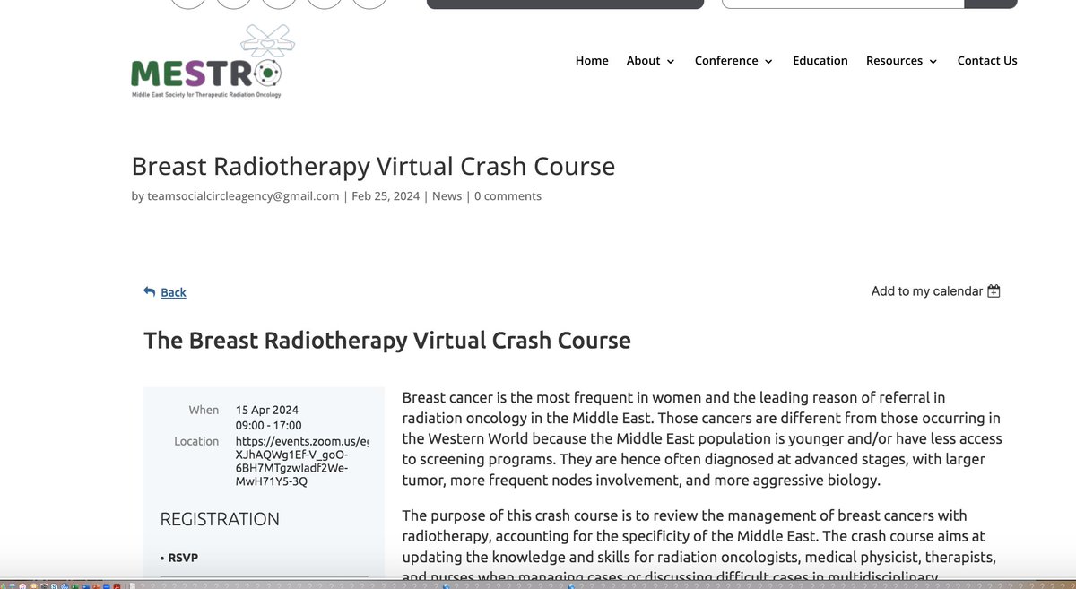 Breast Radiotherapy Virtual Crash Course starting Tomorrow! #MESTRO @MEFOMP_ #RADIATION #Medical #conference #university @Alfaisaluniv @VarianMedSys @Elekta @Accuray @Brainlab @VisionRTLtd #PAHRMAC Register: mestro.org/breast-radioth…