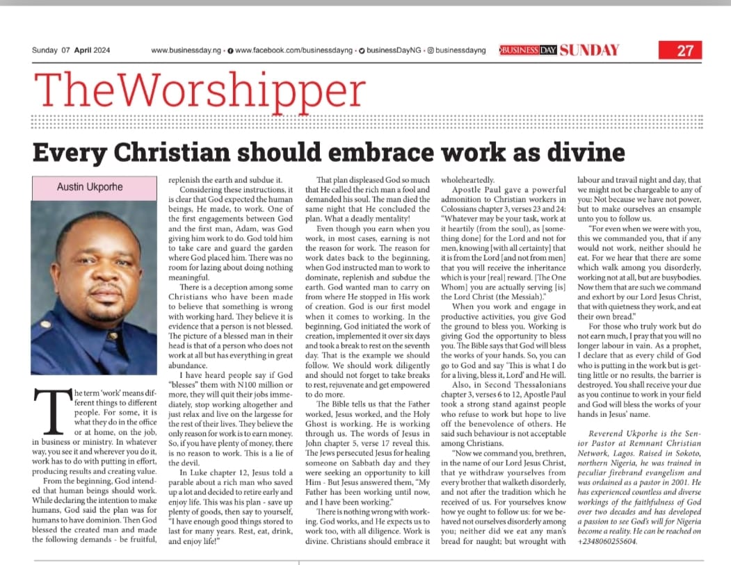 revaustinukporh's tweet photo. Being a Christian doesn't take away WORK. Work is established by God and it is Divine.

Be Blessed As You Read.

https://t.co/ZsaPW9DBiK

Page 27

#RevAustinUkporhe #TruthMorsel https://t.co/ggTxiqXxPM