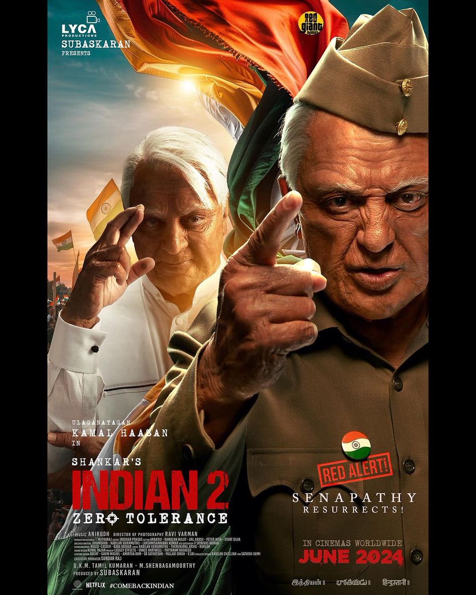 ocdtimes's tweet photo. Senapathy🤞is all set to resurrect with zero tolerance in INDIAN-2. 🇮🇳
.
Gear up for the epic sequel in cinemas from June 2024 🤩
.
Consider it a red alert wherever injustice prevails.🚨
.
#OCDTimes #Indian2Intro #Indian2 #KamalHaasan #ShankarShanmugham #AnirudhRavichander #KajalAggarwal #RakulPreetSingh #GKMTamilKumaran #MShenbagamoorthy #SJSuryah #Siddharth #Simha #PriyaBhavaniShankar #RedGiantMovies #LycaProductions #RaviVarman
#Indian2 🇮🇳 #Hindustani2 #Bharateeyudu2 #ZeroTolerance #ComeBackIndian