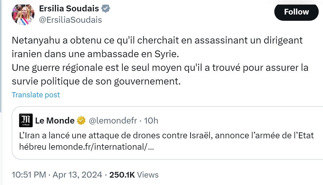 'Un dirigeant iranien'...
🤦‍♂️
Si Ersilia Soudais avait existé en 1942, elle aurait dénoncé 'l'assassinat d'un dirigeant allemand' pour parler de l'attentat contre Heydrich.
Et ce n'était pas dans une ambassade, mais #LFILAHONTE n'est plus à cela près.