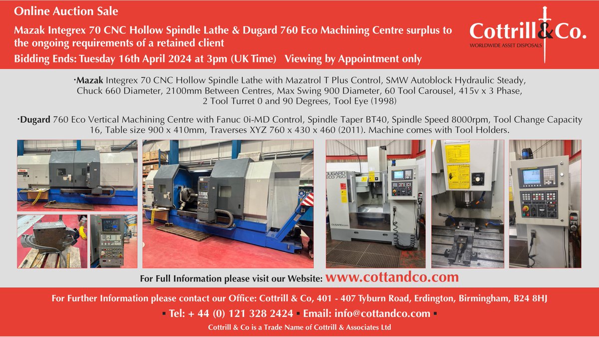 📆 Online #Auction Sale - 16 April 2024 - Mazak Integrex 70 CNC Hollow Spindle Lathe & Dugard 760 Eco Machining Centre used by a retained client #cnc #EngineeringUK #engineering #ukmfg #usedmachines #manufacturinguk #manufacturing Link to Auction: bit.ly/4akhS0i