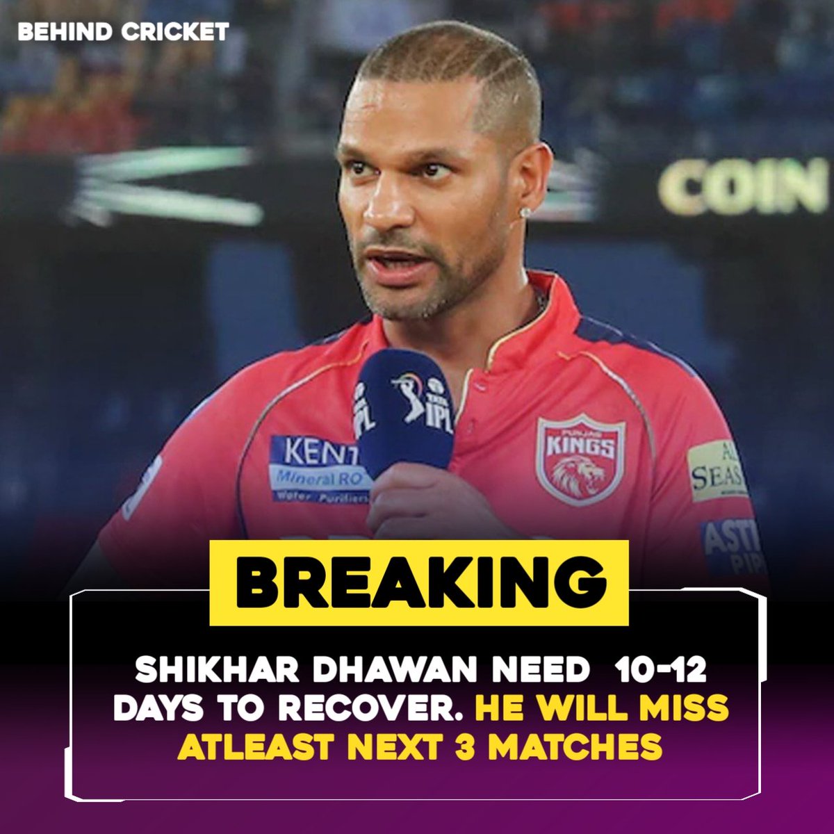behindCric8's tweet photo. Shikhar Dhawan is set to miss the next couple of matches for Panjab Kings due to a shoulder injury. https://t.co/Jx3ANSYj9K