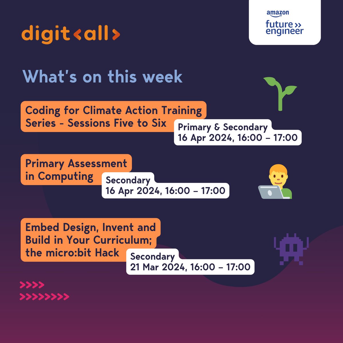 What's on this week...... 🗓️ Check out the exciting CPD's we have running this week including - Coding for Climate Action Training 🌱 - Primary Assessment in Computing 👩‍💻 - Embed Design, Invent and Build in Your Curriculum the micro:bit Hack 👾 digitall.charity/training