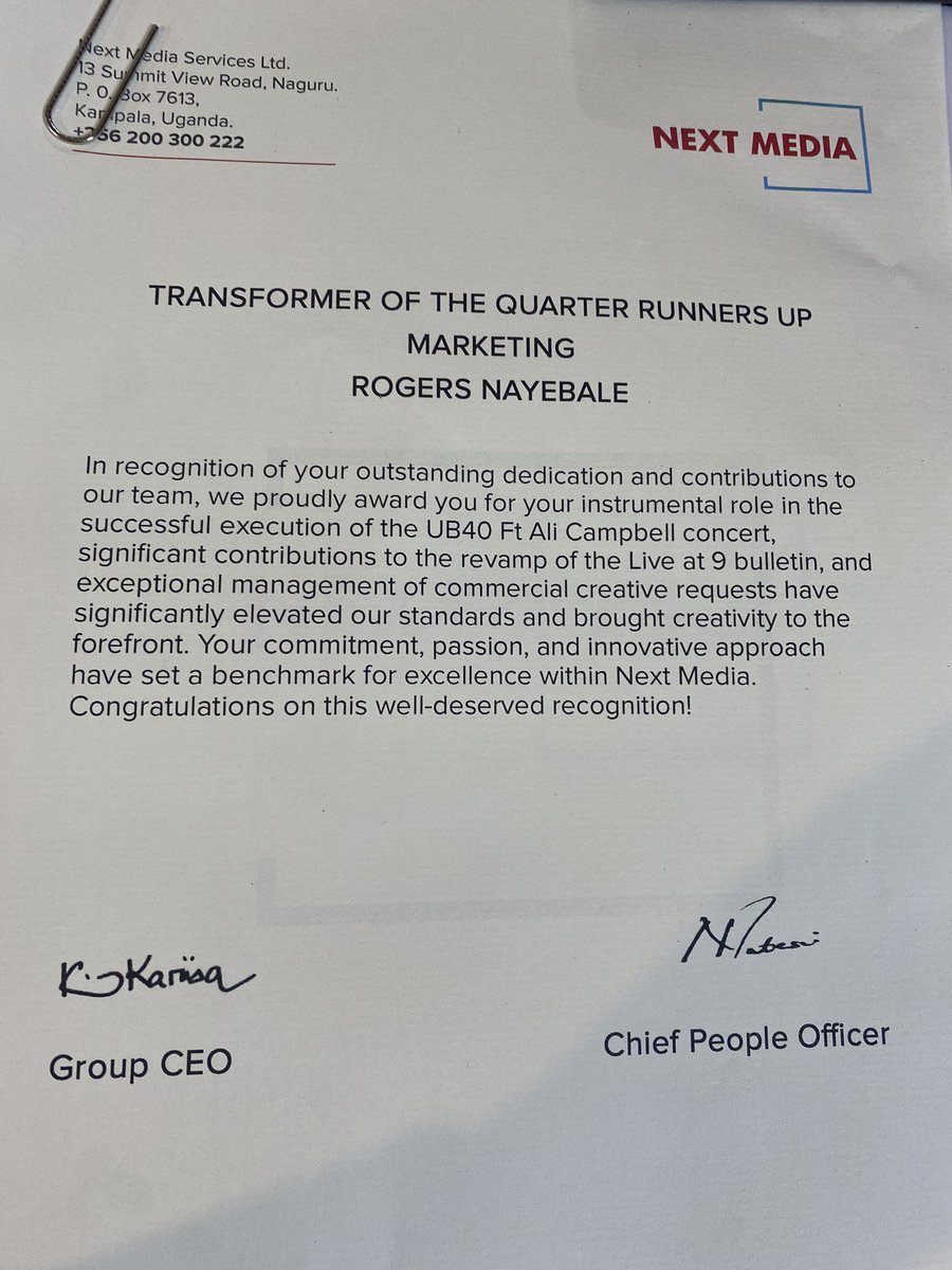 rogersnayebale's tweet photo. Transformer of the Quarter Runner up - Marketing.
Thank you @nextmediaug for the recognition. Cheers ๐ฅ
#NBSKultureKonnect #NextMediaTalks #creativemo6 https://t.co/A8ElOu3KuS