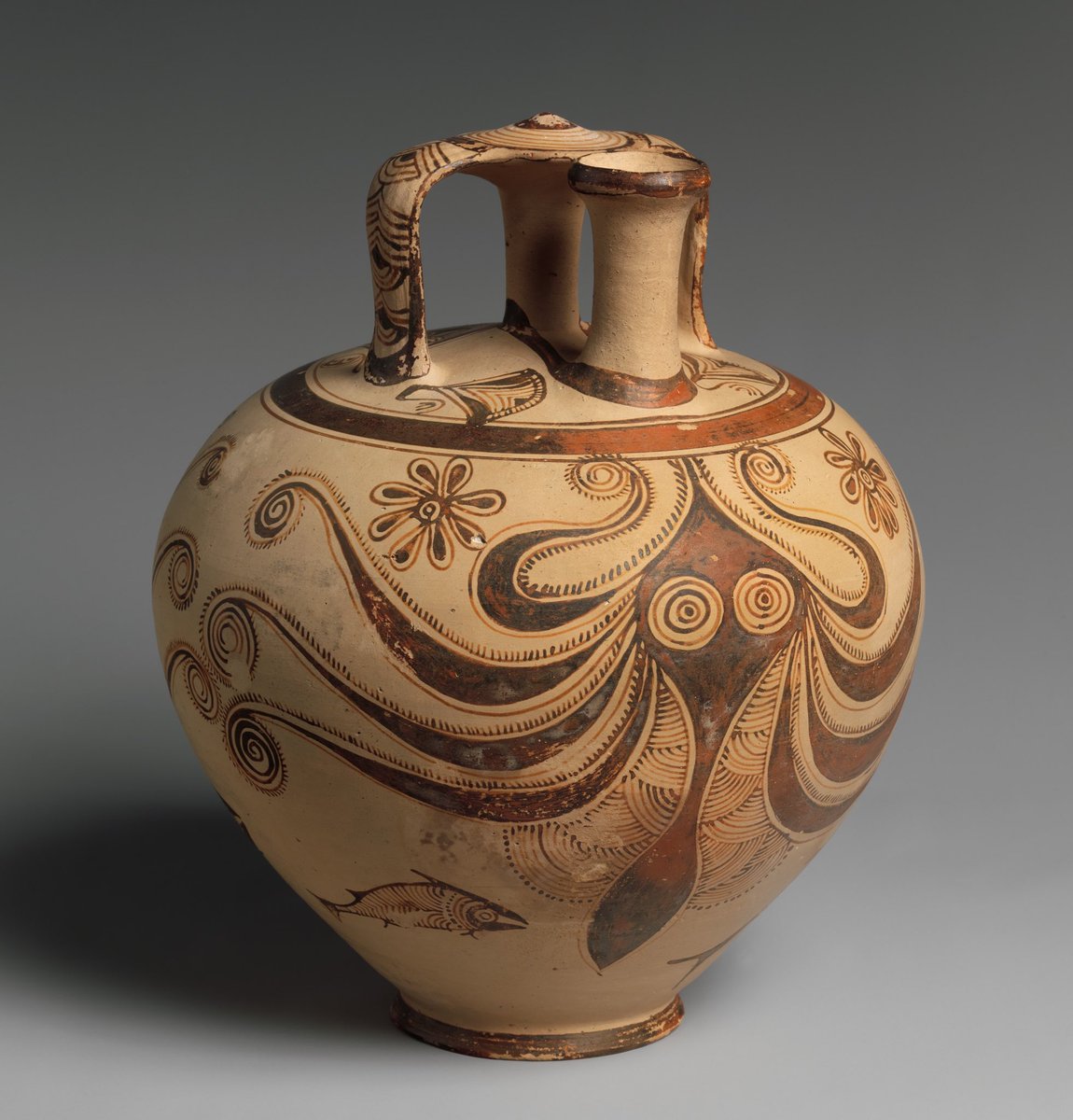 Mycenaean terracotta jar ~ c. 1200–1100 BCE Gaze into the hypnotic eyes of this ancient octopus and marvel in the Mycenaean artistry on display. The poor fish must be just as bamboozled really. 🏛 The Met