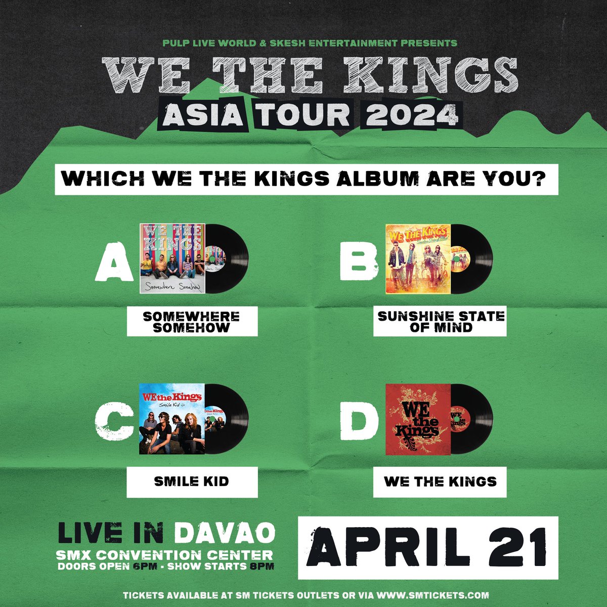 Which @WeTheKings album tells “The Story of Your Life”? Share your answers with us! 🙌🏼 On April 21, the band will treat you to live renditions of the songs that served as the soundtrack of your life’s journey. Catch the WE THE KINGS ASIA TOUR 2024 at the SMX Convention Center…