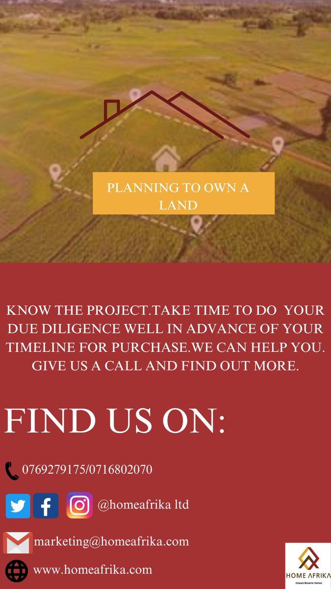 It's never too late to become a land owner.Re-strategize your goals and begin the investment journey towards land ownership today!!!

Give us a call today and secure your future with Home Afrika Ltd.
#landownership 
#investmentopportunity 

homeafrika.com / +254769279175