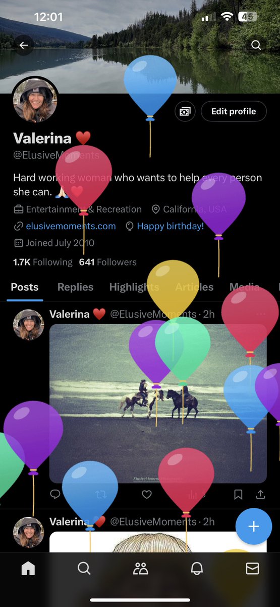 ElusiveMoments's tweet photo. Hey @elonmusk the coolest thing about X is the birthday balloon love!! Thank you! It would be cool to get a birthday greeting from you. 😁🎈 https://t.co/A4AufJlfim