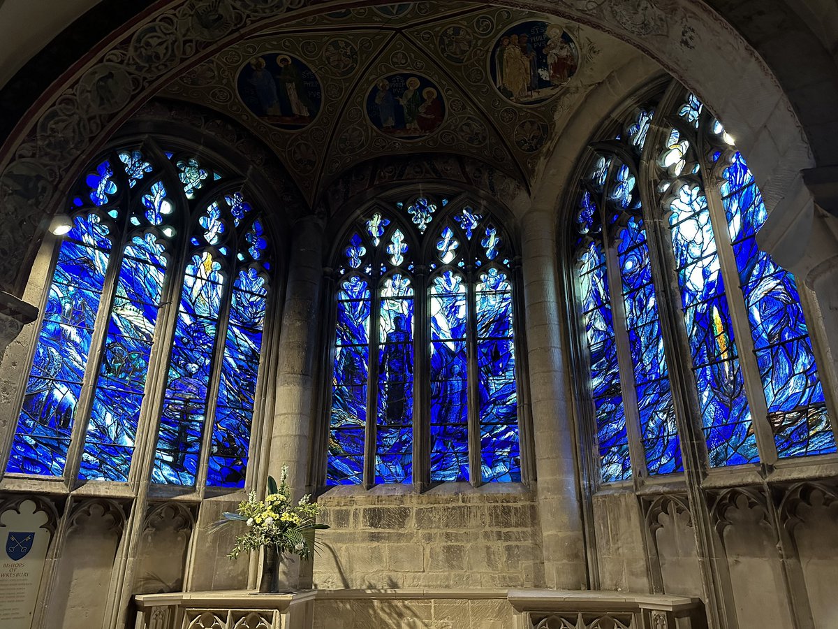 Beautiful blue - wonderful stained glass by Tom Denny installed in 1992 at Gloucester Cathedral @GlosCathedral #StainedGlassSunday #stainedglass