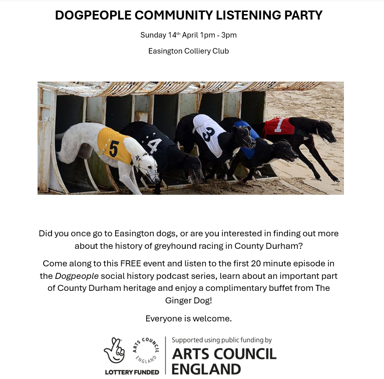Really looking forward to today's Community Listening Party for the #ACESupported DOGPEOPLE project at Easington Colliery Club. If you're in the area, this free event runs from 1-3 & gives you the chance to listen to the pilot episode, chat flapping & enjoy a buffet!