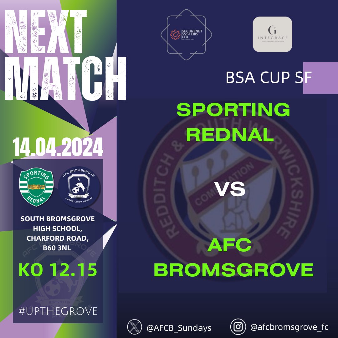 FIXTURE 》

Today we make the short trip to South Bromsgrove to face Sporting Rednal with a place in the BSA Cup final up for grabs in what is sure to be a tough game for the lads. 

All support appreciated 👏🏽

#UpTheGrove🦁

<a href="/Randswcl/">Redditch & SW League</a>