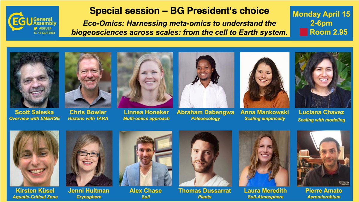 Not sure where to start at #EGU24? We gotchu!  

Join us for the 🪩 BG President's choice special session 🪩 on Monday, 2-6pm, in Room 2.95 on "Harnessing omics data to understand biogeosciences across scales".

🙏 co-organizers: <a href="/LisaWingateBdx/">Dr Lisa Wingate</a>, <a href="/KeuschnigC/">Christoph Keuschnig</a> 

Our all-star cast: