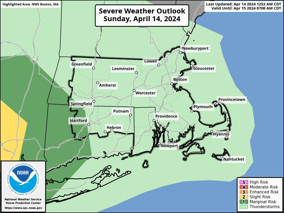 [Sunday] This morning's dry weather will give way to a cold front this afternoon that will bring widespread shower activity and embedded thunderstorms to southern New England. There is potential for a few of these storms to produce hail, primarily in western Connecticut.
