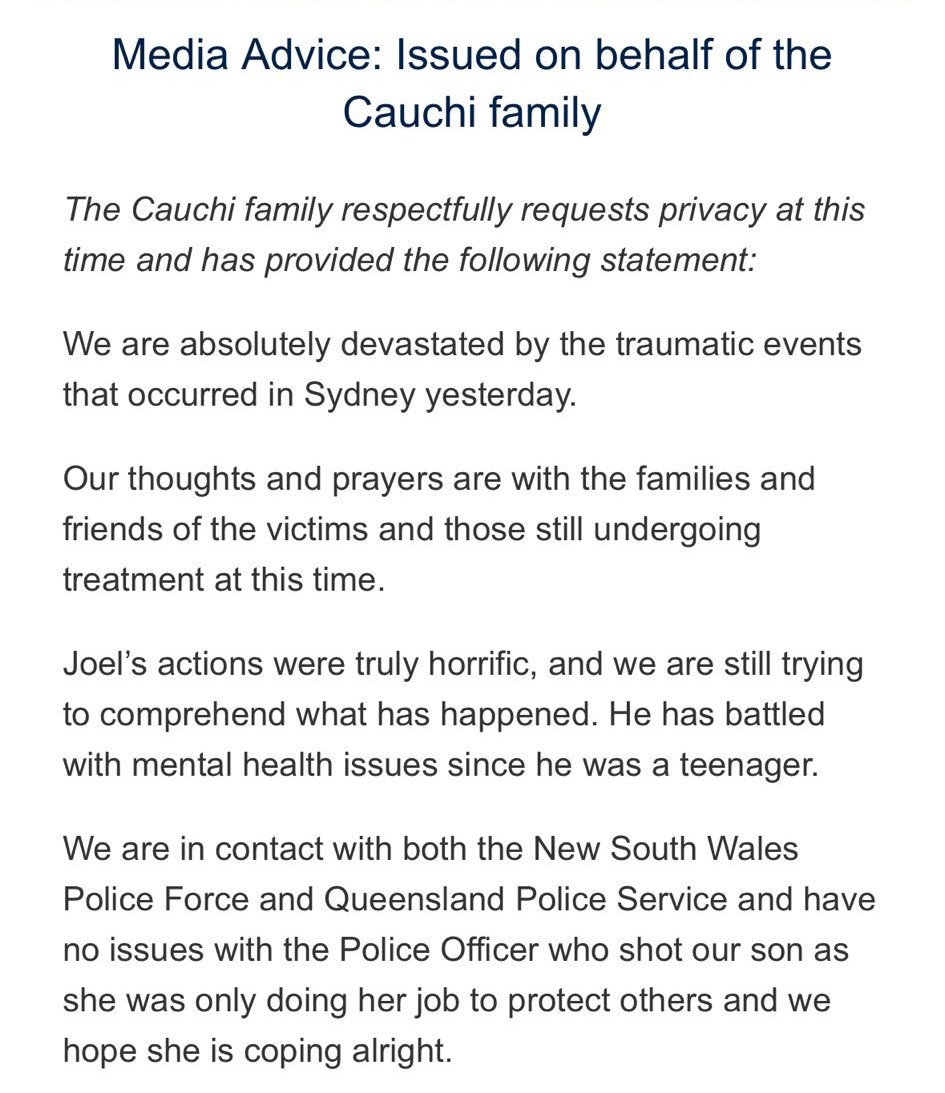 Queensland Police have issued the following statement on behalf of the Cauchi family. They have “no issues” with the female police officer who shot their son and say Joel’s actions were “truly horrific.” @6NewsAU