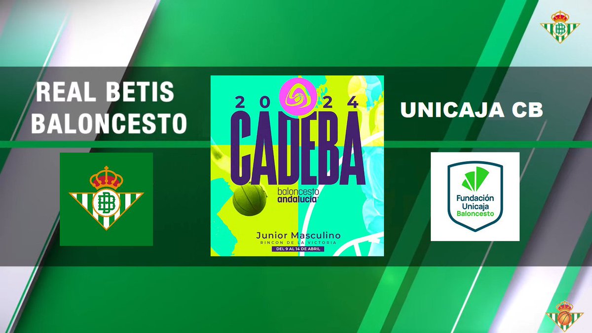 P_BetisBasket's tweet photo. 📣 Día de #BetisBaloncesto
⚔️ @RealBetisBasket 🆚 @CanteraUnicajaC
📅 14/Abril/24
🏆 Final #CADEBAJM2024 Junior
🕛 12:00h
🏟️ Rubén Ruzafa (Rincón de la Victoria)
📺 https://t.co/tr55cVSYnl
#MuchoBetis #GradaBetisBasket #ElBetisTambiénEsBaloncesto
⬜🟩⬜🟩⬜🟩⬜🟩⬜🟩⬜🟩⬜ https://t.co/QQ0wad9RT1