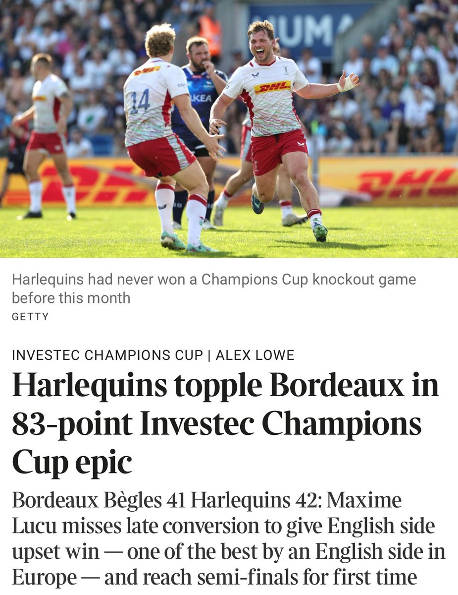Congrats @Harlequins 👏 👏 👏 We’re delighted to to support your players and Medical and Performance team #biomarkers #performance #recovery #datascience #sportscience #ChampionsCup #rugby #premiership Harlequins topple Bordeaux in 83-point Investec Champions Cup epic