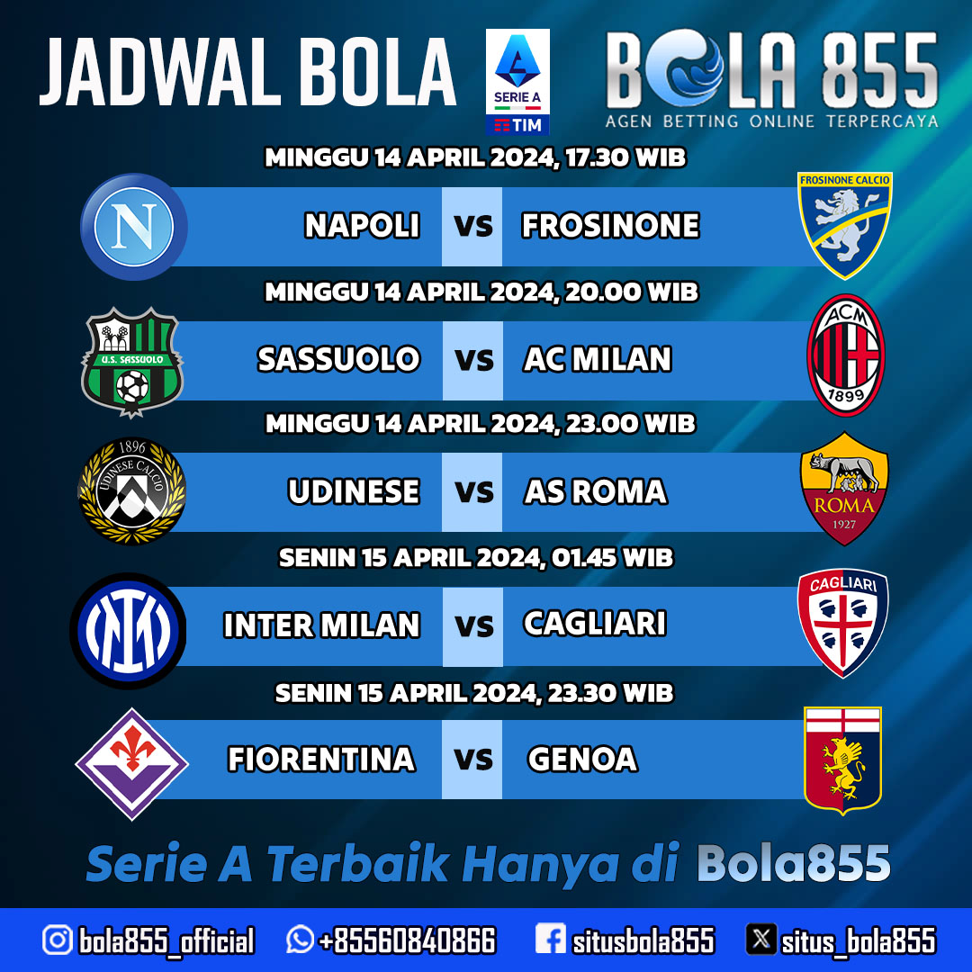 Serie A seru dan terbaik hanya di Bola855
simak jadwal bola hari ini Minggu 14 April 2024 dan Senin 15 April 2024  
heylink.me/bola855pro 

#bola855 #seriea #ligaitalia #sepakbola #agenbolajudi #situsjudibola #agenslot #situsslot #gacor #slotgacor #slotonline #togel