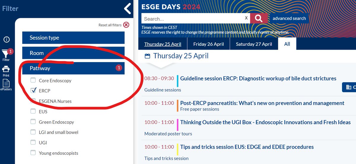 With 10 concurrent sessions over 3 full days our #ESGEDays2024 Pathways are a great tool to find sessions interesting to you. Visit the Scientific Programme here: esge2024.process.y-congress.com/ScientificProc…, then select filter. Not yet registered? Join us onsite or online: esgedays.org/registration