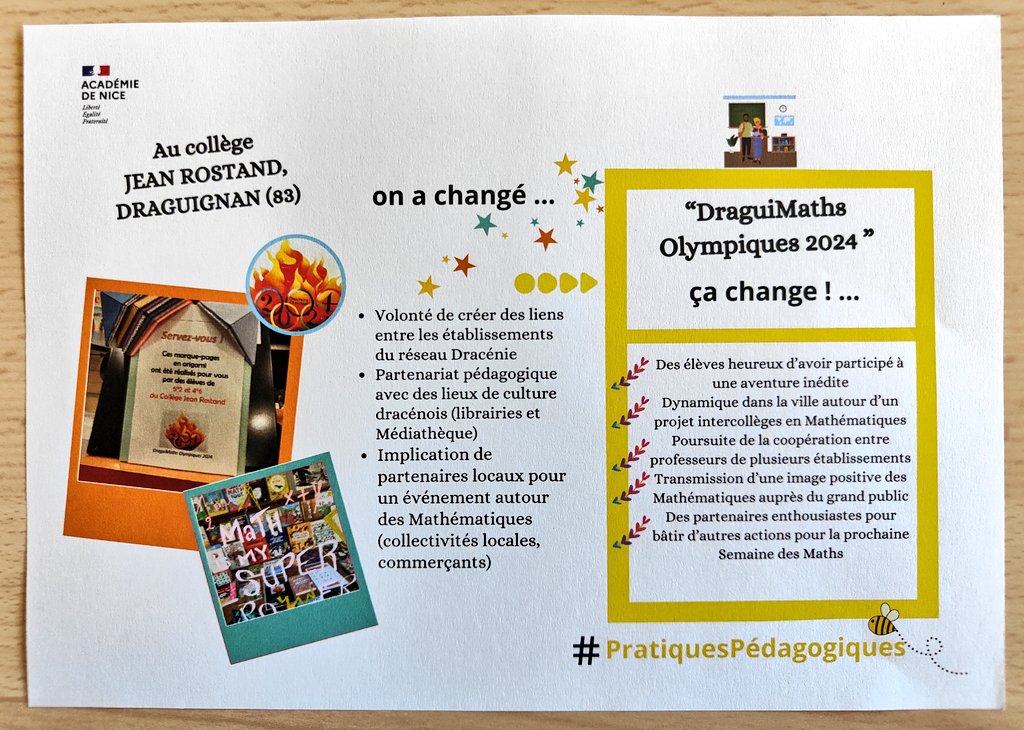 EtwTerp's tweet photo. #JAPI2024
Merci à l'équipe de la @CardieNice pour l'organisation de cette belle journée de partages pédagogiques 🙏🏻.
Un grand merci aussi pour la préparation de documents de diffusion des projets présentés, disponibles à chaque stand pour les visiteurs 😍
#maths #innovation https://t.co/JidEzvtBta