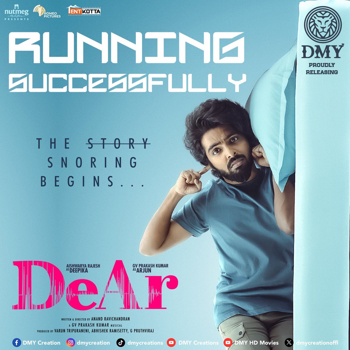 Get ready for a rollercoaster ride of emotions with #DeAr 😴💤 Now showing in theaters near you 🎞️ Grab your popcorn and join the journey 🍿 @gvprakash @aishu_dil @Anand_Rchandran @tvaroon #AbhishekRamisetty #PruthvirajGK @mynameisraahul #RomeoPictures @jagadeesh_s_v