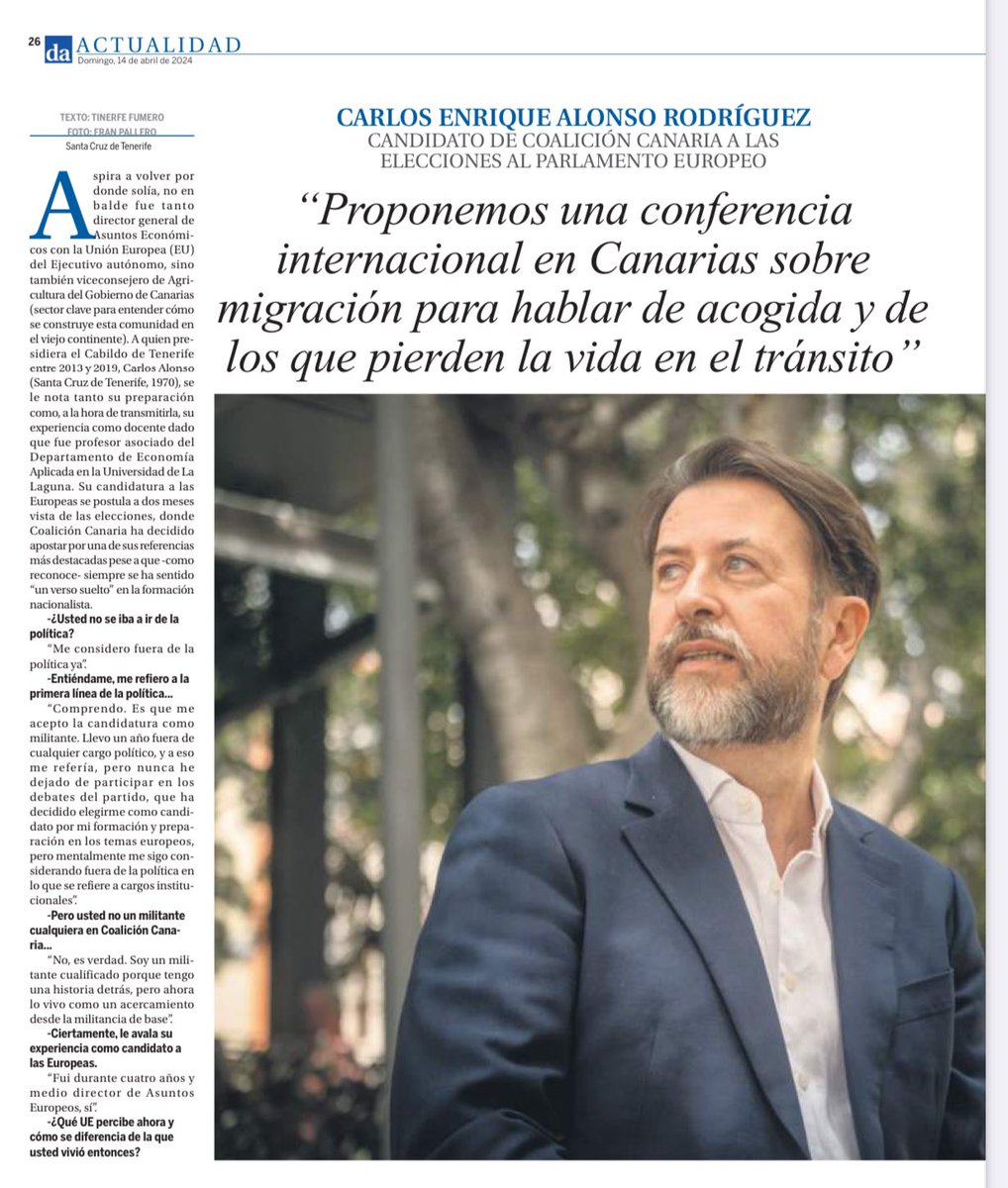 CarlosislaUE's tweet photo. #Canarias tiene varios desafíos por delante y con una presencia fuerte en Europa podemos afrontarlos y darles respuesta. Las elecciones del próximo 9 de junio son una oportunidad que no debemos perder. Lo cuento en esta entrevista de hoy en @diariodeavisos.

#eleccionesEuropeas🇪🇺
@TinerfeFumero 

https://t.co/IuwHagyOzm
